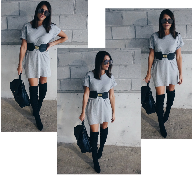 t shirt dress with long boots