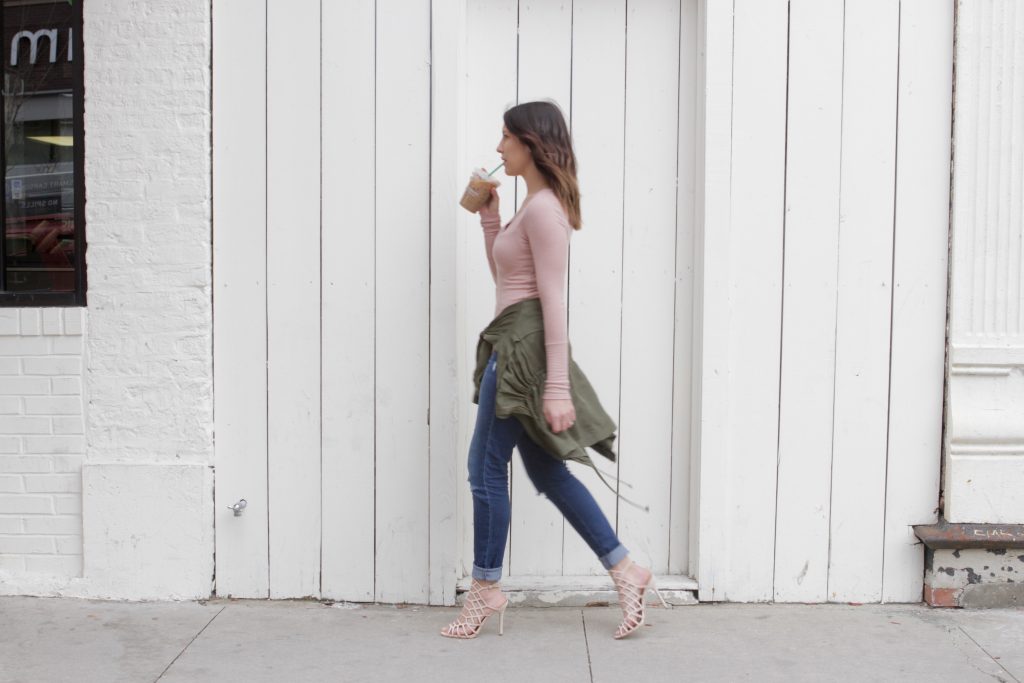 blush and army green outfit
